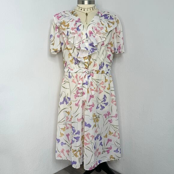 VNT Dress Sheer White Floral Faux Warp Belt Midi Cottagecore Plus Size 3X FLAW - Picture 1 of 16